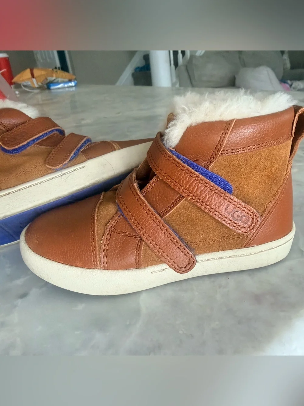 UGG Kids Chestnut Brown Suede & Leather High-Top Boots with Blue Accent